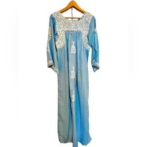 Hand-embroidered handmade long cornflower blue cotton dress